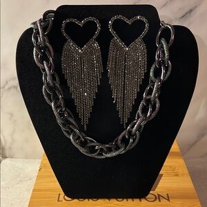 Heart Drop Black Metal Earrings and Chain Necklace Set